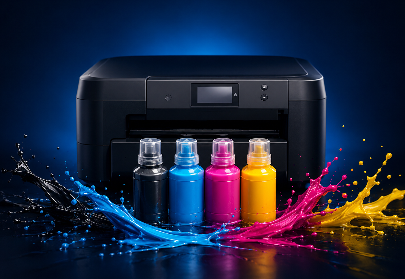 Impresora con botellas de tinta en colores CMYK