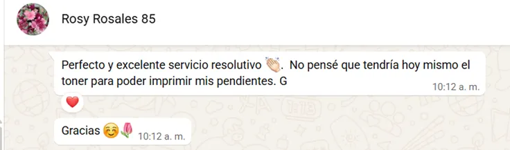 Captura de WhatsApp en la que Rosy Rosales agradece la rapidez del servicio